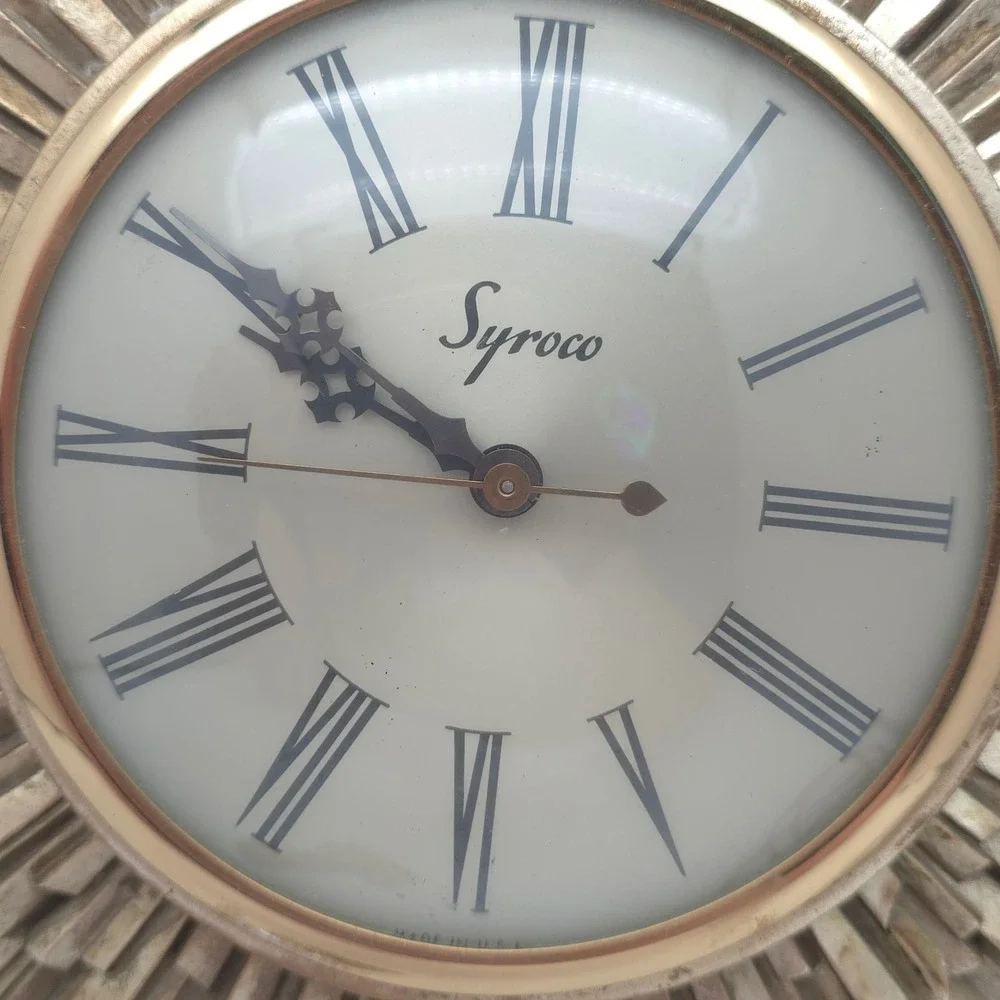 Syroco Sunburst Wall Clock Mid Century Modern Electric Vintage‎ Movement Works